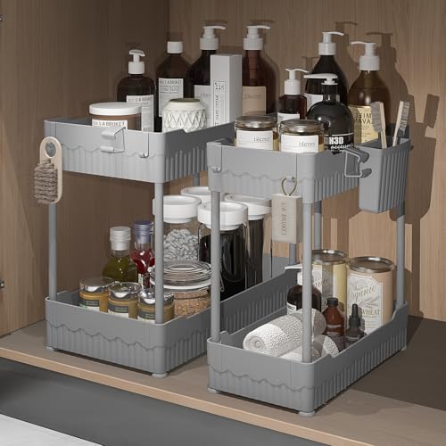Sevenblue 2 Pack Under Sink Organizer Under Bathroom Cabinet Organizer with Hooks Hanging Cup MultiPurpose Storage Shelf for Kitchen Bathroom Gray 128 Inch - Image 1