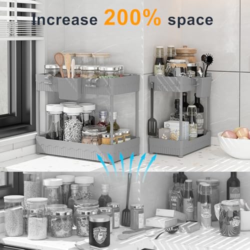 Sevenblue 2 Pack Under Sink Organizer Under Bathroom Cabinet Organizer with Hooks Hanging Cup MultiPurpose Storage Shelf for Kitchen Bathroom Gray 128 Inch - Image 3