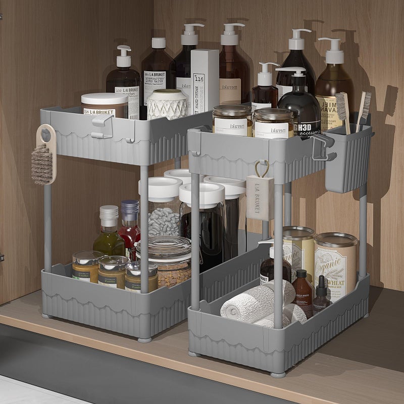 Sevenblue 2 Pack Under Sink Organizer Under Bathroom Cabinet Organizer with Hooks Hanging Cup MultiPurpose Storage Shelf for Kitchen Bathroom Gray 128 Inch - Image 2