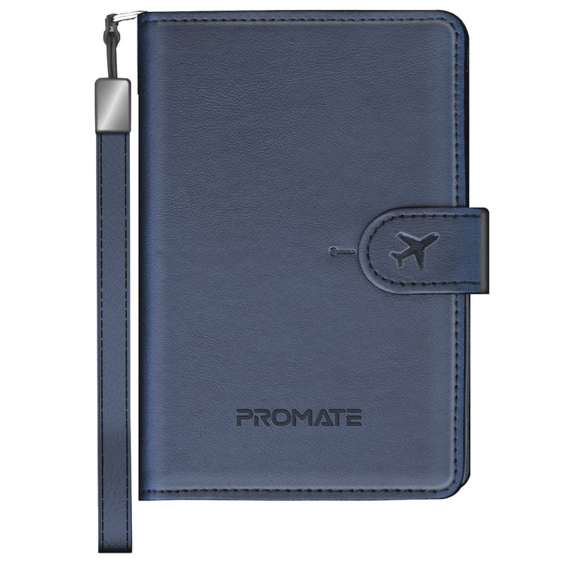 Promate PassMate Smart Leather Passport Holder with RFID Protection, Apple Find My Global Tracker, Wireless Charging, 6-Month Battery, Waterproof Anti-Loss Travel Wallet Organizer Blue - Image 1