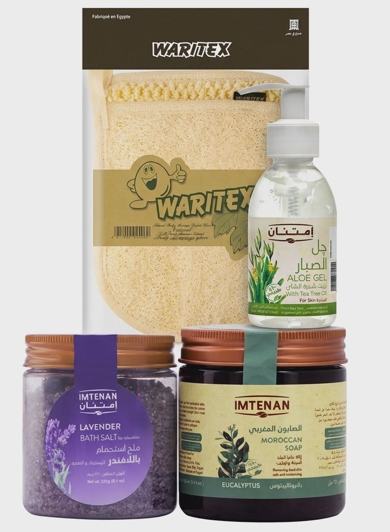Freshness & Pore Purifying Bundle (Eucalyptus Soap, Lavender Bath Salt, Tea Tree Aloe Gel, & Waritex Loofah) - Image 1