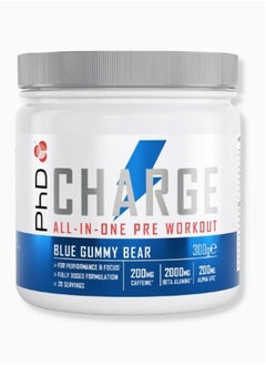 PhD Charge All in One Pre Workout - for performance and focus, fully dosed formulation with 200mg caffeine, 2000mg beta alanine and 3000mg creatine, Blue Gummy Bear Flavour, 20 Servings Per 300g  - Image 1