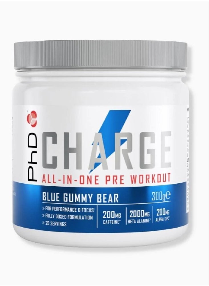 PhD Charge All in One Pre Workout - لتحسين الأداء والتركيز، تركيبة كاملة الجرعة تحتوي على 200 مجم من الكافيين، و2000 مجم من بيتا ألانين، و3000 مجم من الكرياتين، بنكهة Blue Gummy Bear، 20 وجبة لكل 300 جرام  - Image 1