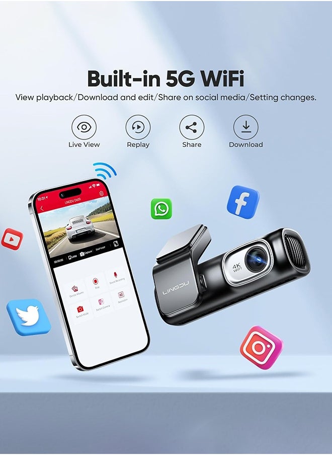 لينجدو D600 4K Car Dash Cam الأمامية والخلفية 170 درجة زاوية عرض واسعة مدمجة في 5GHz WiFi GPS التحكم الصوتي ، تسجيل حلقة G-Sensor ، مراقبة مواقف السيارات على مدار الساعة ، بطاقة SD 64 جيجا بايت متضمنة  - Image 2