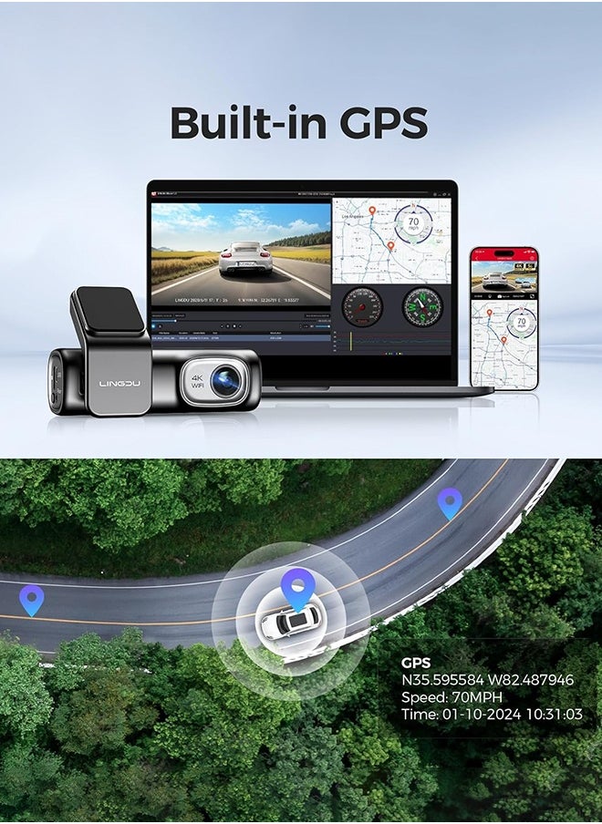 لينجدو D600 4K Car Dash Cam الأمامية والخلفية 170 درجة زاوية عرض واسعة مدمجة في 5GHz WiFi GPS التحكم الصوتي ، تسجيل حلقة G-Sensor ، مراقبة مواقف السيارات على مدار الساعة ، بطاقة SD 64 جيجا بايت متضمنة  - Image 3