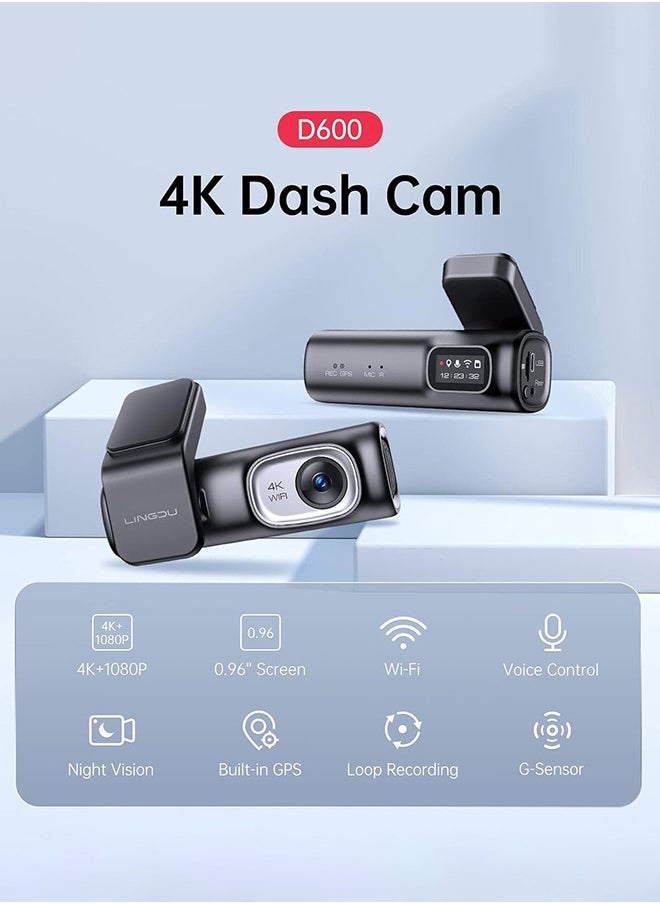 D600 4K Car Dash Cam Front and Rear 170 Degree Wide View Angle Built-in 5GHz WiFi GPS Voice Control, G-Sensor Loop Recording, 24H Parking Monitoring, 64GB SD Card Included