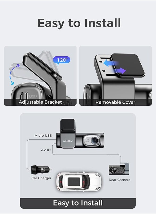 D600 4K Car Dash Cam Front and Rear 170 Degree Wide View Angle Built-in 5GHz WiFi GPS Voice Control, G-Sensor Loop Recording, 24H Parking Monitoring, 64GB SD Card Included