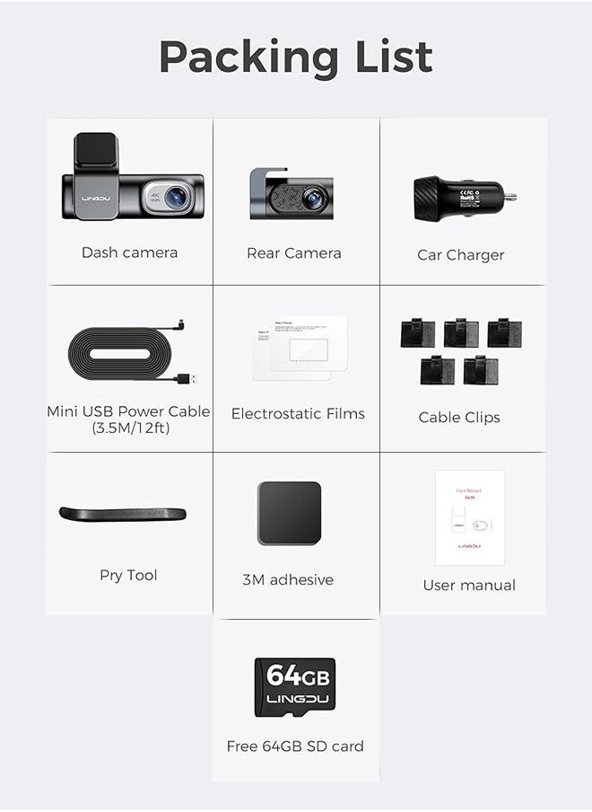 D600 4K Car Dash Cam Front and Rear 170 Degree Wide View Angle Built-in 5GHz WiFi GPS Voice Control, G-Sensor Loop Recording, 24H Parking Monitoring, 64GB SD Card Included