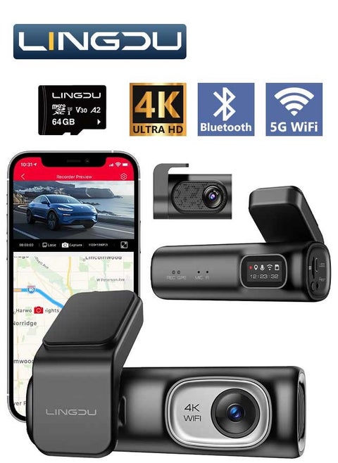 D600 4K Car Dash Cam Front and Rear 170 Degree Wide View Angle Built-in 5GHz WiFi GPS Voice Control, G-Sensor Loop Recording, 24H Parking Monitoring, 64GB SD Card Included