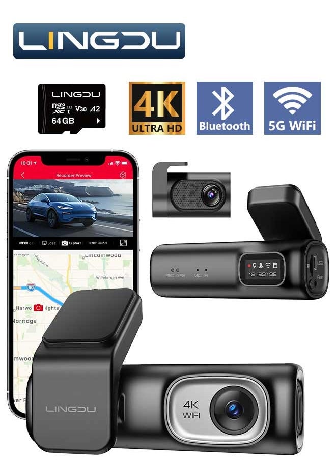 لينجدو D600 4K Car Dash Cam الأمامية والخلفية 170 درجة زاوية عرض واسعة مدمجة في 5GHz WiFi GPS التحكم الصوتي ، تسجيل حلقة G-Sensor ، مراقبة مواقف السيارات على مدار الساعة ، بطاقة SD 64 جيجا بايت متضمنة  - Image 1