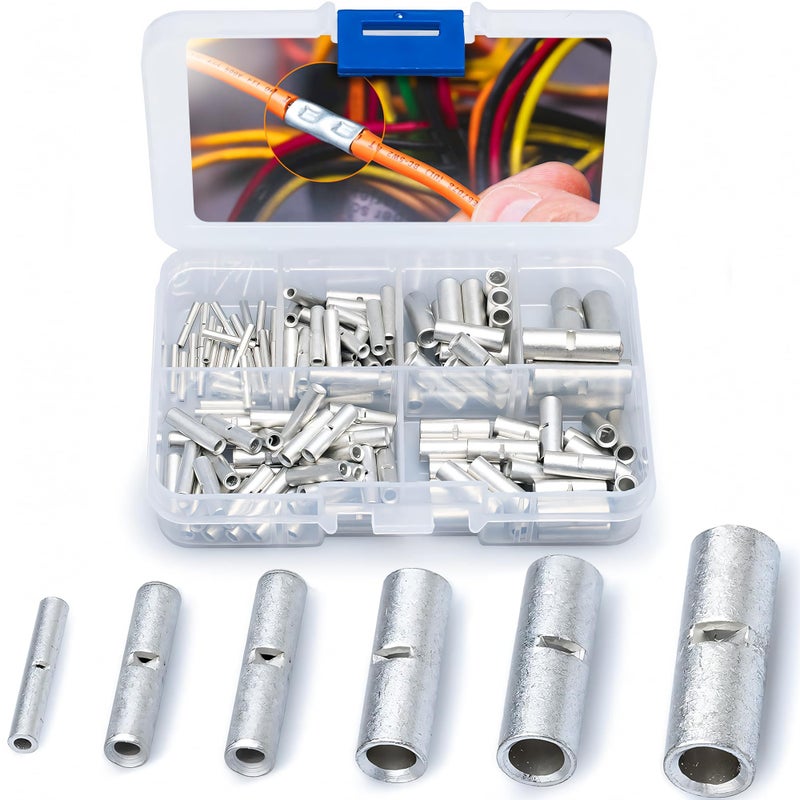 Wirefy 100 PCS Non Insulated Butt Connectors Kit - Uninsulated Crimp Wire Connectors - 24-8 AWG