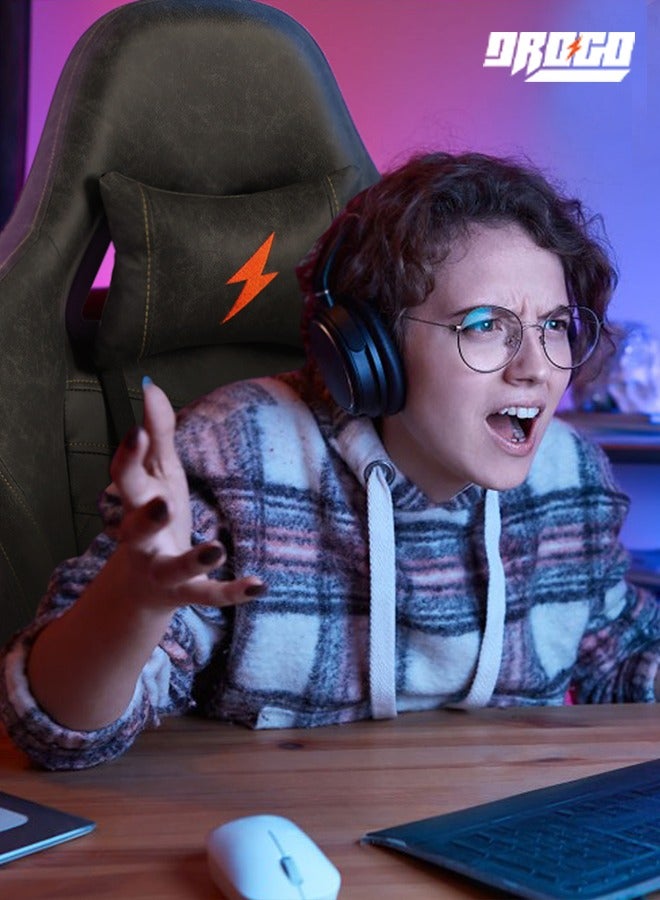 دراجو كرسي ألعاب مريح مع مقعد قابل للتعديل في 7 اتجاهات مصنوع من الجلد ورأس كرسي مكتب ووسادة قطنية ووسادة تدليك USB وكرسي ألعاب فيديو وكرسي مكتب منزلي مع مسند قدم كامل قابل للإمالة باللون البني - Image 2