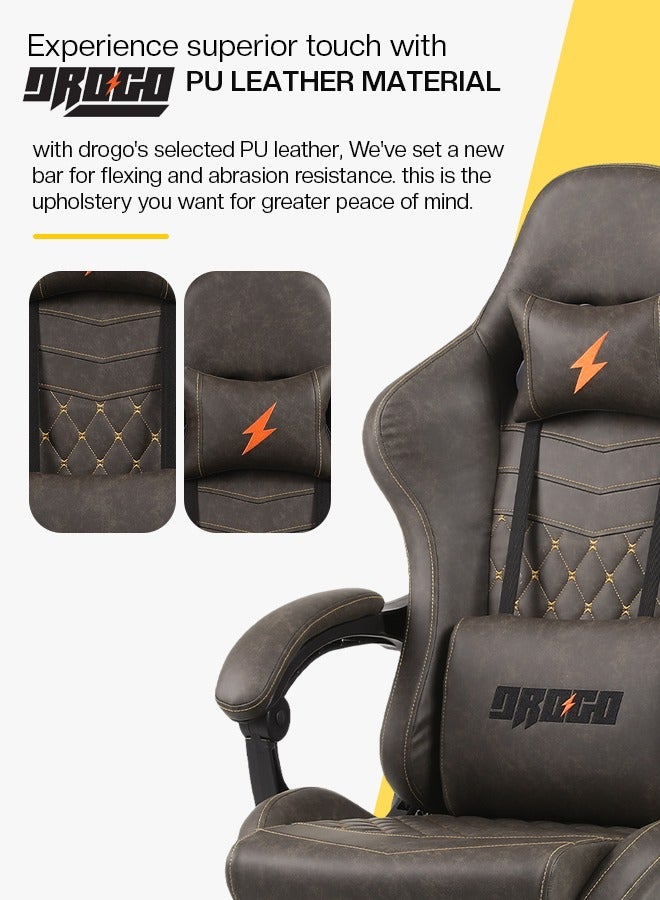 دراجو كرسي ألعاب مريح مع مقعد قابل للتعديل في 7 اتجاهات مصنوع من الجلد ورأس كرسي مكتب ووسادة قطنية ووسادة تدليك USB وكرسي ألعاب فيديو وكرسي مكتب منزلي مع مسند قدم كامل قابل للإمالة باللون البني - Image 3