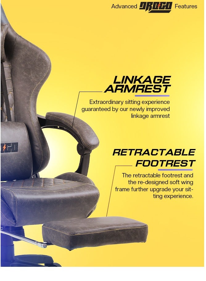 دراجو كرسي ألعاب مريح مع مقعد قابل للتعديل في 7 اتجاهات مصنوع من الجلد ورأس كرسي مكتب ووسادة قطنية ووسادة تدليك USB وكرسي ألعاب فيديو وكرسي مكتب منزلي مع مسند قدم كامل قابل للإمالة باللون البني - Image 5