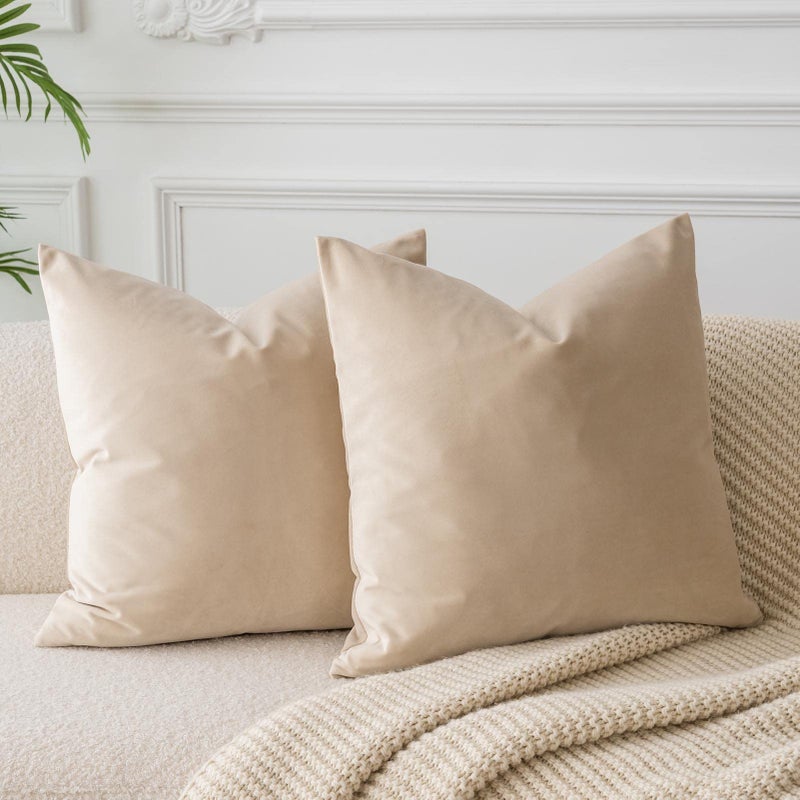 JUSPURBET Khaki Velvet Throw Pillow Covers 18x18 inch Set of 2 for Living Room Couch Sofa Bedroom Decorative Solid Soft Cushion Cases with Invisible Zipper