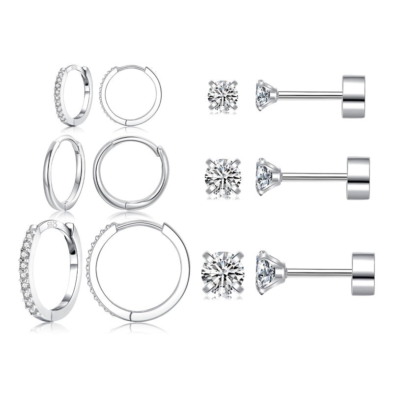 Earrings Sets: 6 Pairs Hypoallergenic 925 Silver Post Surgical Steel Flat Back - Lightweight 0.8mm Gauge Small Stud & Huggie Hoop Earrings for Sensitive Ears Multiple Piercings Daily Wear Parties Gift - Image 1