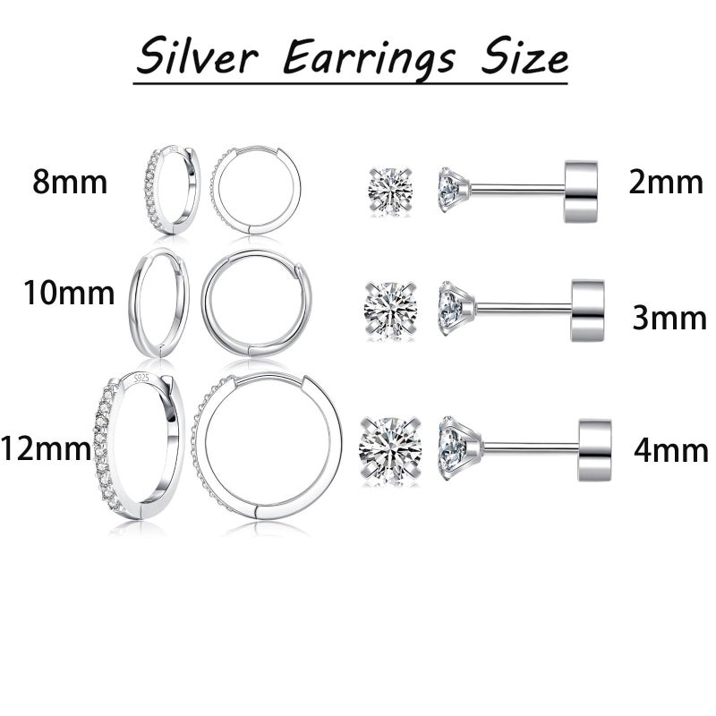 Earrings Sets: 6 Pairs Hypoallergenic 925 Silver Post Surgical Steel Flat Back - Lightweight 0.8mm Gauge Small Stud & Huggie Hoop Earrings for Sensitive Ears Multiple Piercings Daily Wear Parties Gift - Image 2