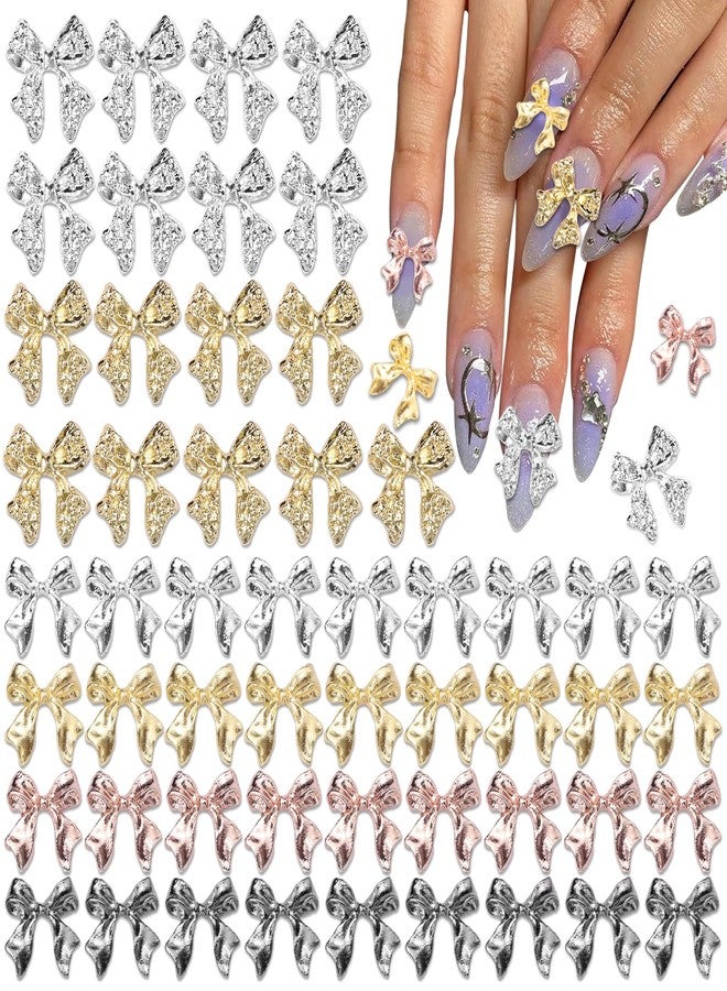UOTEY 60 Pcs Metal Bow Nail Charms, Alloy Nail Bows 3D Golden Silver Gray Bowknots Charms for Nails, Luxury Shiny Bow Tie Nail Gems Charms for Acrylic Nails DIY Accessories - Image 1