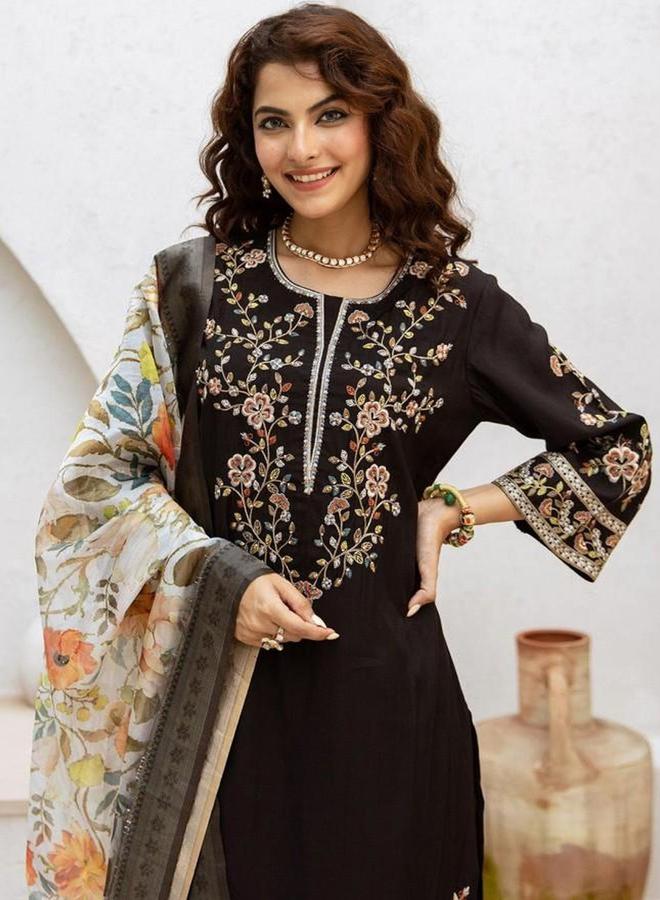 Ishin Black Embroidered Kurta with Pants and  Dupatta Set - Image 1