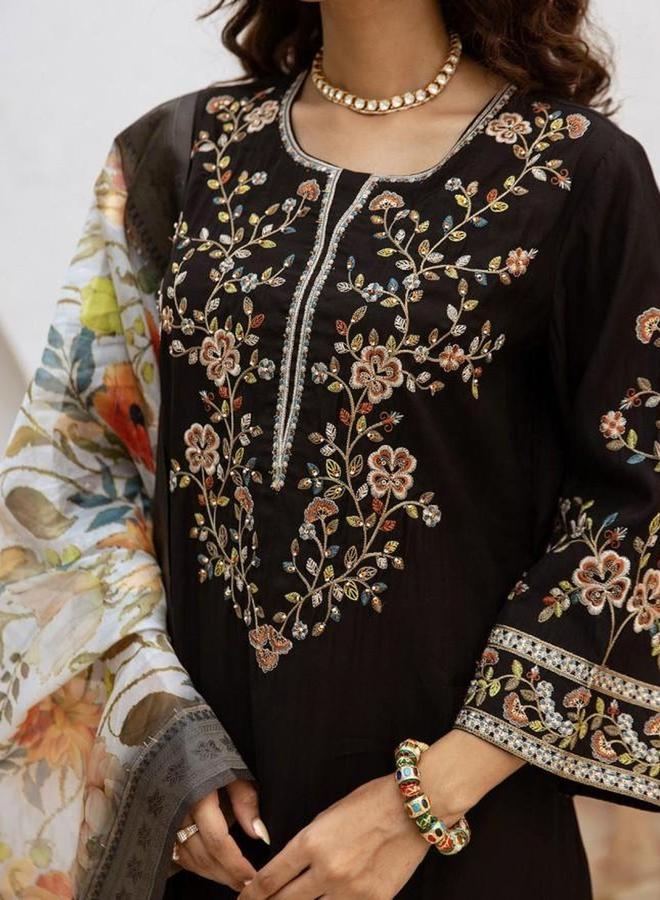 Ishin Black Embroidered Kurta with Pants and  Dupatta Set - Image 3