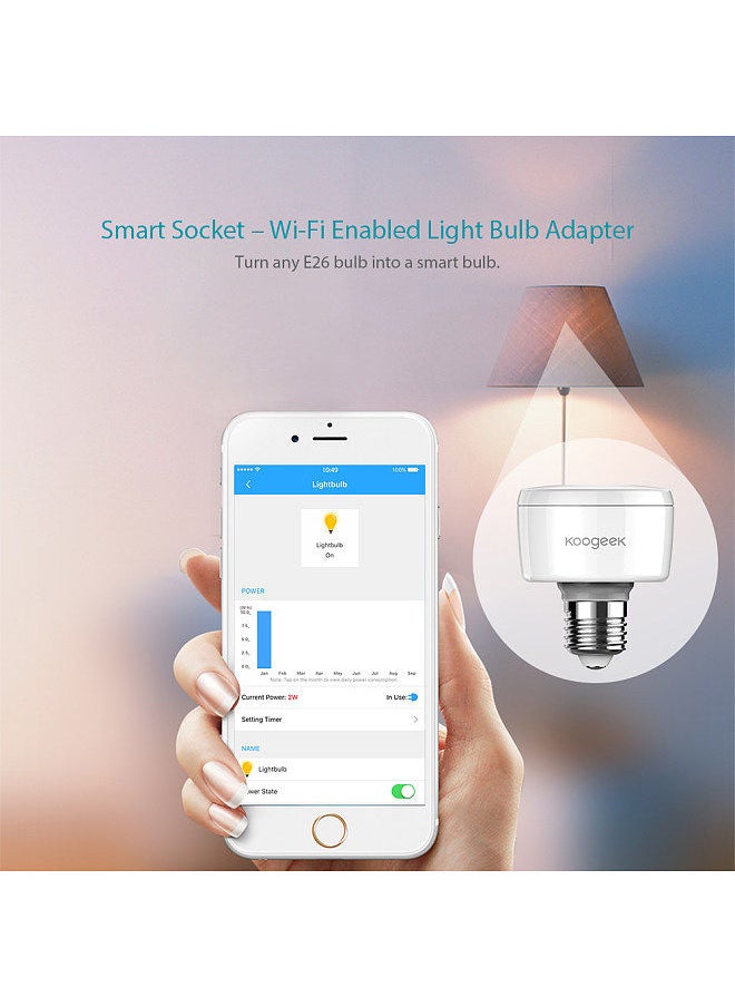 Generic - Koogeek Wi-Fi Enabled Smart Socket E26 Light Bulb Adapter Works with Apple HomeKit Support Siri Voice Control Home App Schedules Remote Control E26 Lightbulbs Monitor Power Consumption White - Image 1