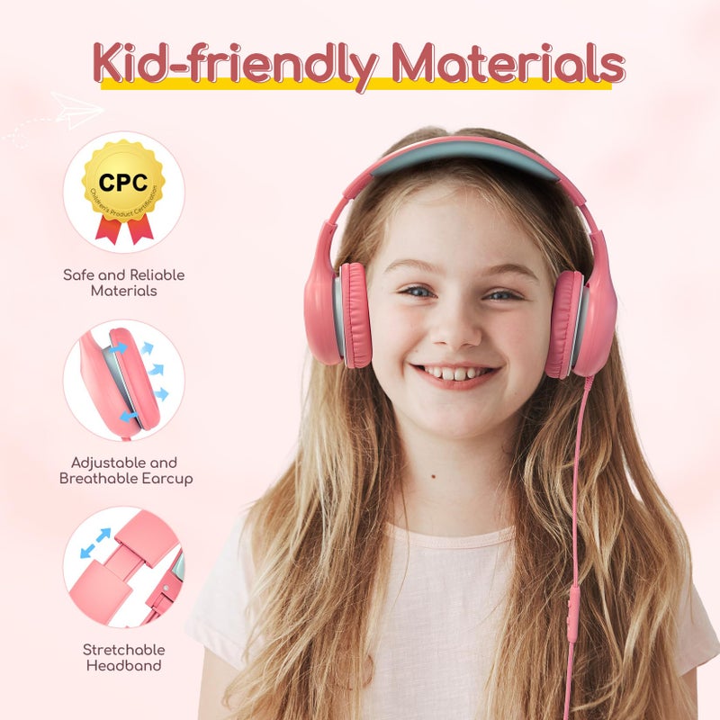 EarFun Kids Headphones Wired with Microphone, 85/94dB Volume Limit Headphones for Kids, Portable Wired Headphone with Shareport, Stereo Sound Foldable Headset for School/Tablet/iPad/Kindle Pink - Image 3