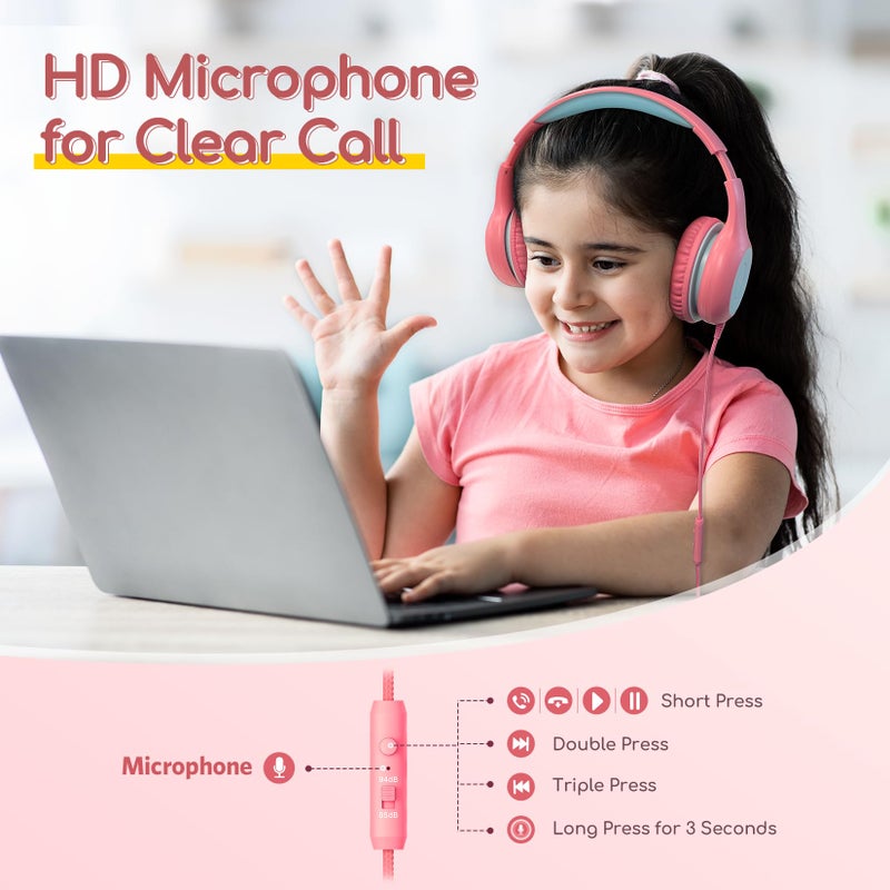 EarFun Kids Headphones Wired with Microphone, 85/94dB Volume Limit Headphones for Kids, Portable Wired Headphone with Shareport, Stereo Sound Foldable Headset for School/Tablet/iPad/Kindle Pink - Image 2