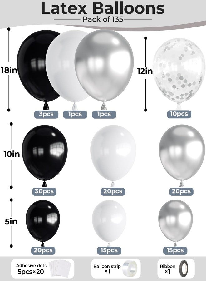 Haolongfa Black and Silver Balloons Garland Arch Kit,135pcs 18/12/10/5 Inch Black White Silver Confetti Latex Balloons for Birthday Anniversary Graduation Bachelorette Wedding Party Decorations - Image 4