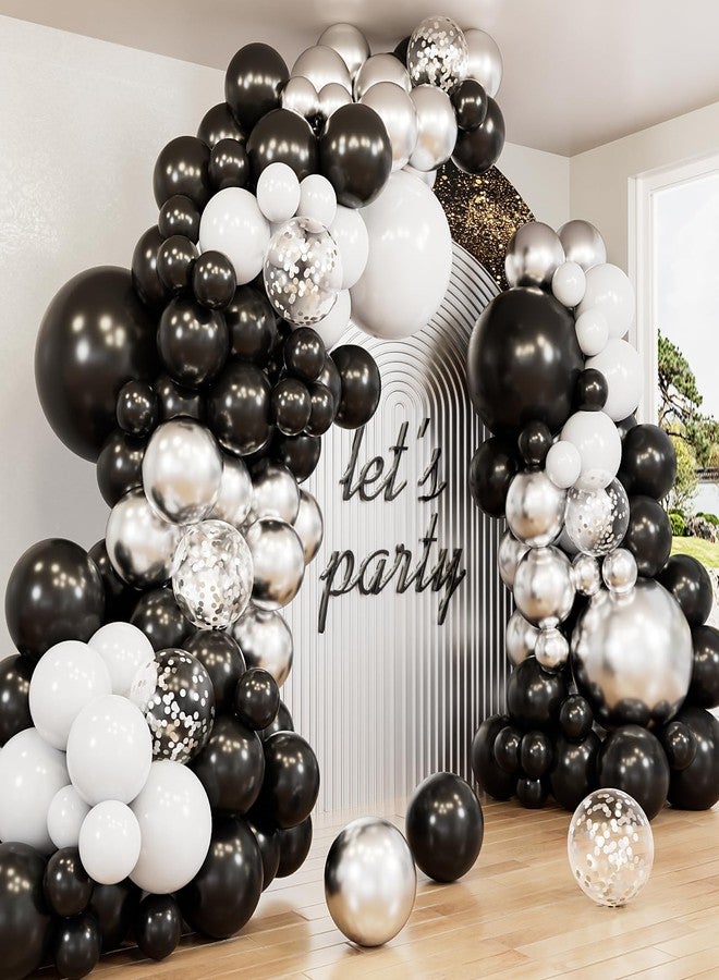Haolongfa Black and Silver Balloons Garland Arch Kit,135pcs 18/12/10/5 Inch Black White Silver Confetti Latex Balloons for Birthday Anniversary Graduation Bachelorette Wedding Party Decorations - Image 1