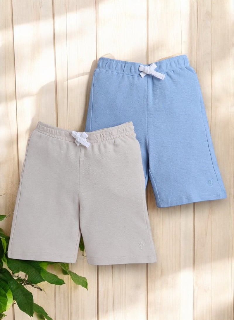 Victor and Jane Junior Boys Everyday Casual, Lace-Up and Elasticated Waist Shorts - Beige and Light Blue- Pack of 2 - Image 1