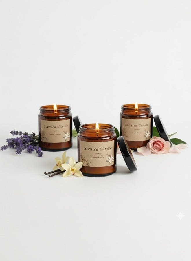 Lifenpure 3 Pcs Scented Jar Candles  Soy Wax for Aromatherapy Dreamy Vanilla Castle Rose French Cades &Lavender - Image 1