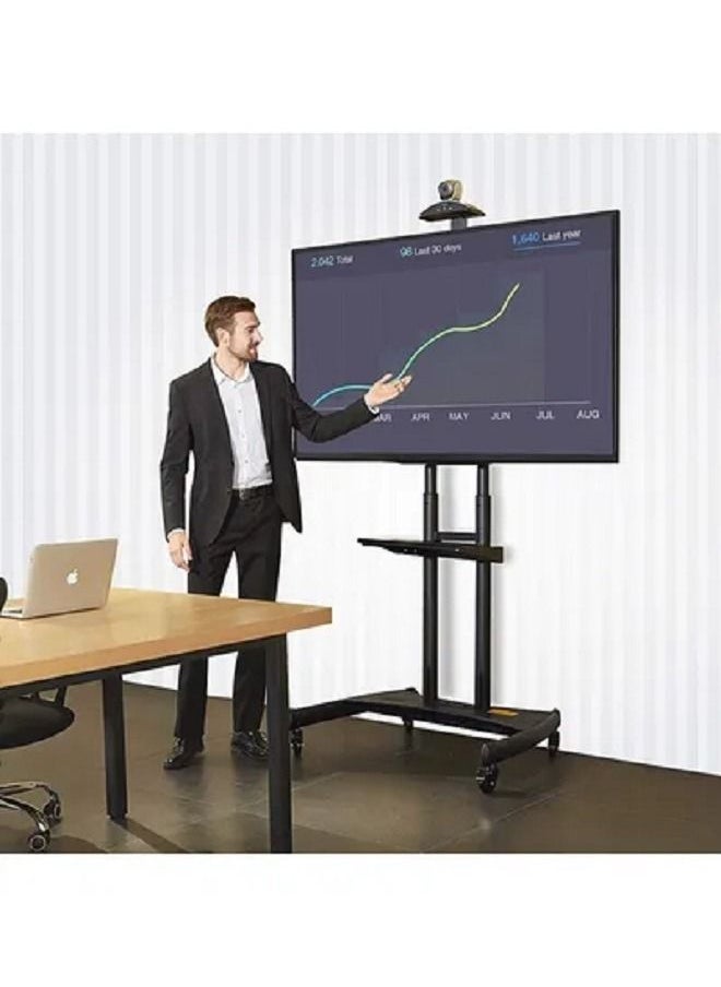 عربة تلفزيون متحركة مع عجلات قابلة للقفل لشاشات تلفزيون بلازما LCD LED مسطحة أو منحنية من 55 إلى 80 بوصة بوزن يصل إلى 100 رطل - ارتفاع قابل للتعديل (55-80 بوصة) باللون الأسود - Image 1