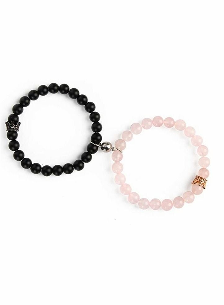 Captaintech Magnetic Couple Bracelets, King and Queen Crown Couple Bracelets for Men and Women, Beads Couple Bracelet, Couples Gifts for Boyfriend Girlfriend and Best Friend, 2 Pcs, Pink and Black - Image 1