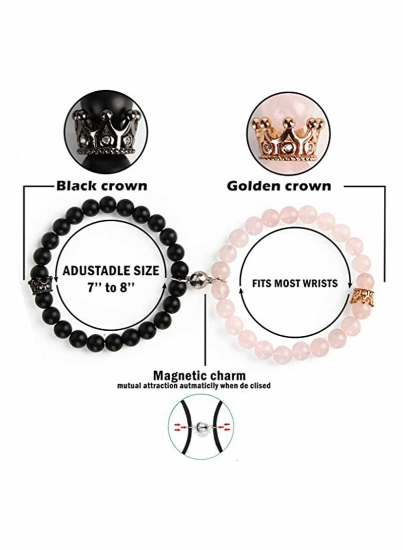Captaintech Magnetic Couple Bracelets, King and Queen Crown Couple Bracelets for Men and Women, Beads Couple Bracelet, Couples Gifts for Boyfriend Girlfriend and Best Friend, 2 Pcs, Pink and Black - Image 2