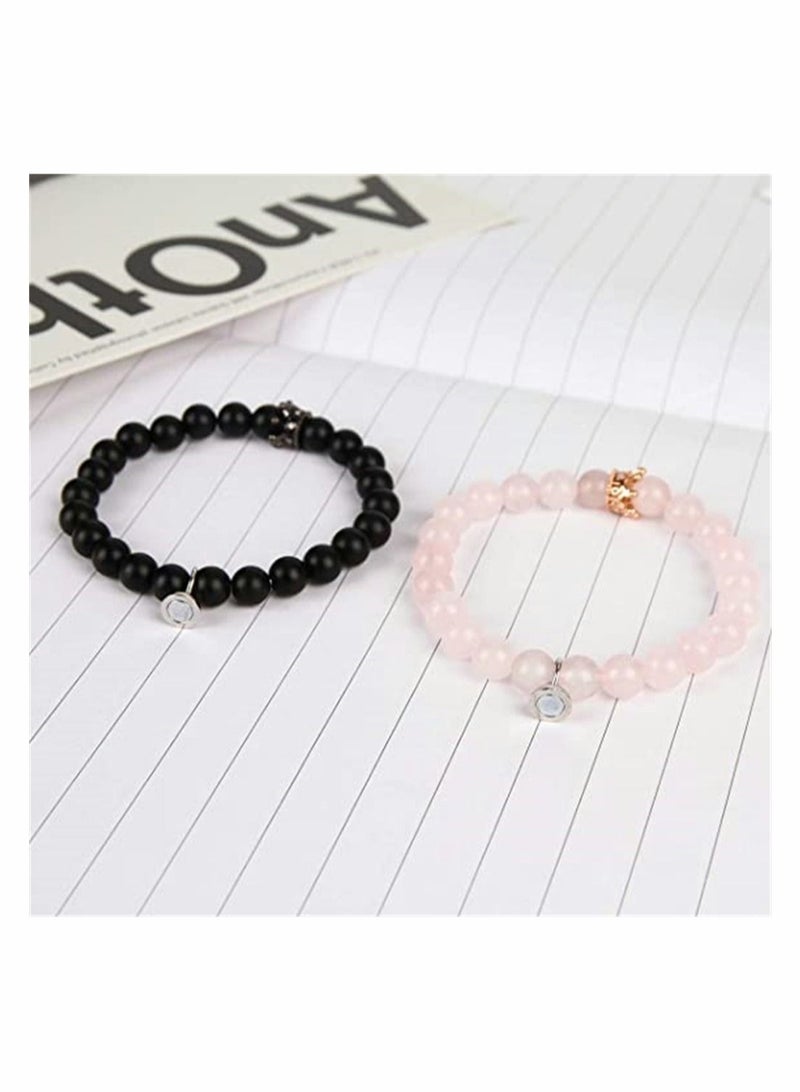 Captaintech Magnetic Couple Bracelets, King and Queen Crown Couple Bracelets for Men and Women, Beads Couple Bracelet, Couples Gifts for Boyfriend Girlfriend and Best Friend, 2 Pcs, Pink and Black - Image 3