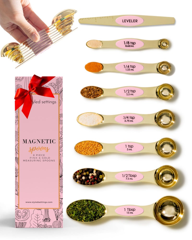 Pink Magnetic Measuring Spoons Set  8Piece DualSided Stainless Steel Spoons Stackable and Spice Jar Friendly  Stylish Pink Kitchen Accessories for Cooking and Baking