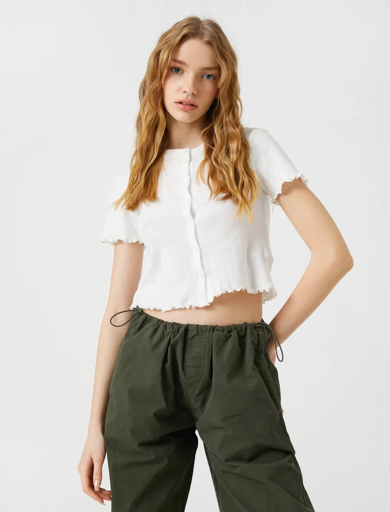 كوتون Crop T-Shirt Short Sleeve Cotton Buttoned Crew Neck