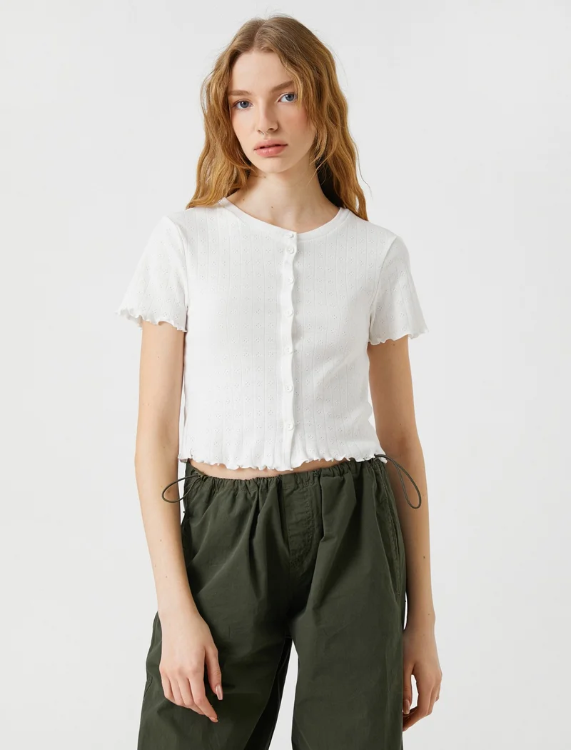 كوتون Crop T-Shirt Short Sleeve Cotton Buttoned Crew Neck