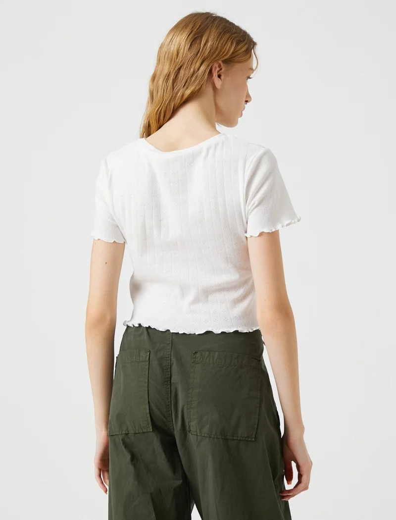 كوتون Crop T-Shirt Short Sleeve Cotton Buttoned Crew Neck