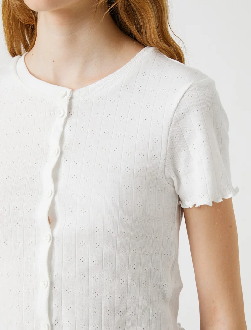 كوتون Crop T-Shirt Short Sleeve Cotton Buttoned Crew Neck
