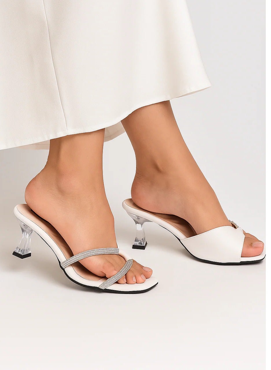 سليبر كعب شفاف جلد والماظ من الجانب S-2-ابيض