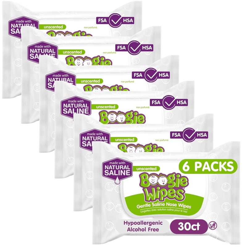 Boogie Unscented Saline Nose Wipes 30 Count Pack of 6 for Kids - Image 1