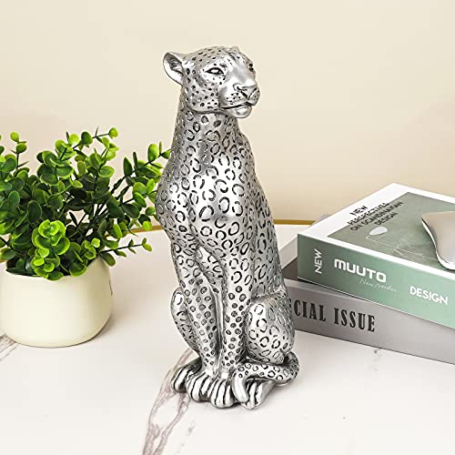 Polyroyal Cheetah Statue Home Decor Leopard Sculpture Resin Sitting Cheetah Figurine Desktop Table Top Ornament Decoration for Home Office Silver - Image 5