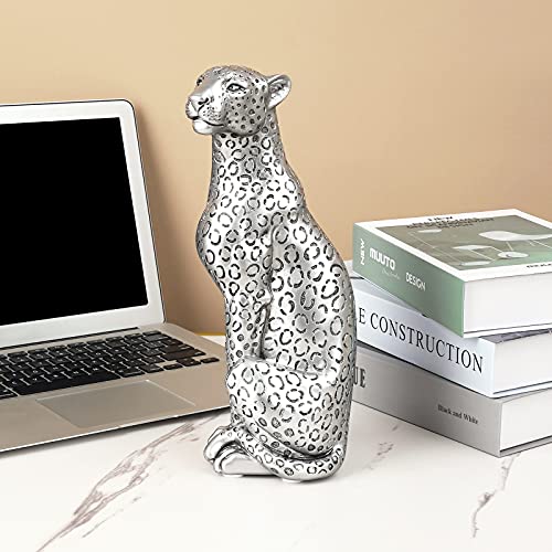 Polyroyal Cheetah Statue Home Decor Leopard Sculpture Resin Sitting Cheetah Figurine Desktop Table Top Ornament Decoration for Home Office Silver - Image 4
