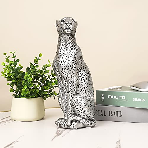 Polyroyal Cheetah Statue Home Decor Leopard Sculpture Resin Sitting Cheetah Figurine Desktop Table Top Ornament Decoration for Home Office Silver - Image 3