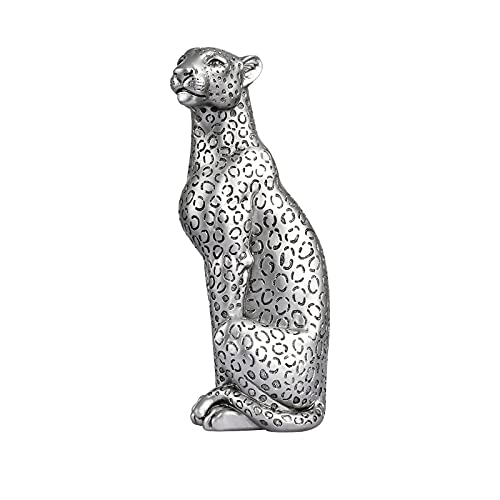 Polyroyal Cheetah Statue Home Decor Leopard Sculpture Resin Sitting Cheetah Figurine Desktop Table Top Ornament Decoration for Home Office Silver - Image 1