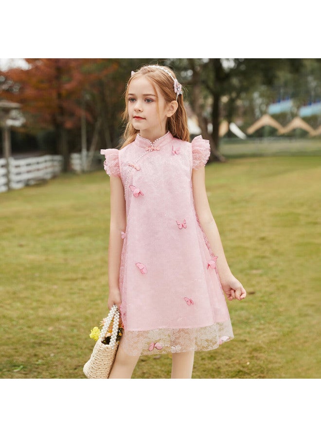 Ask Junior Girls' Dress, Summer , Children's Thin Dress, Retro Qipao Style, Princess Dress, Pink, Size 140 - Image 1