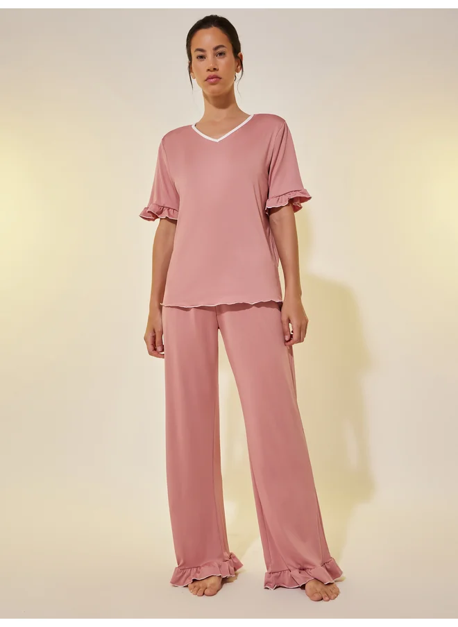 Take Two Take Two Solid V Neck Ruffled Top and Joggers Set