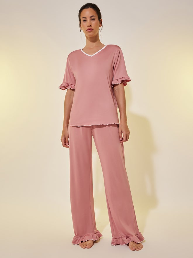 Take Two Take Two Solid V Neck Ruffled Top and Joggers Set - Image 1