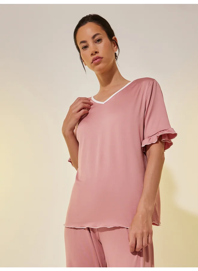 Take Two Take Two Solid V Neck Ruffled Top and Joggers Set